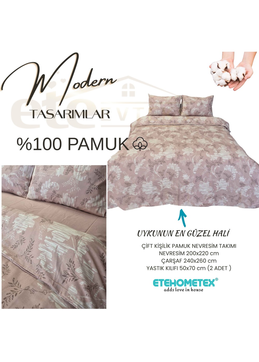ETEHOMETEX %100 Pamuk Nevresim Takımı ÇİFT KİŞİLİK ESİNTİ PUDRA 8696474232114